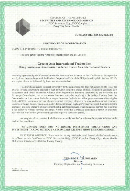 SEC Registration Certificate - Greater Asia International Traders, Inc. - Duly Registered Philippine Corporation